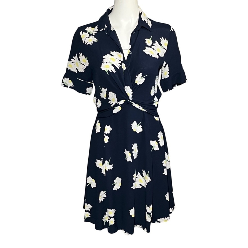 GANNI Silvery Crepe Daisy Print Twist Waist Shirt Dress EU 34 US 2 XS